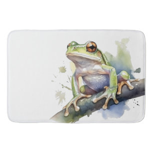 cute tree frog sitting on a branch in water colour bath mat