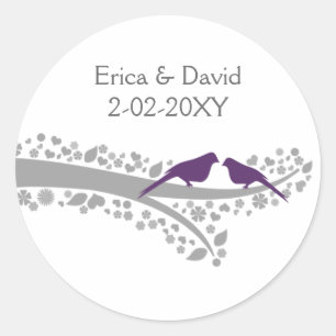 cute tree purple lovebirds wedding favour stickers