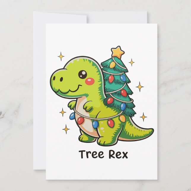 Cute Tree Rex Christmas Dinosaur T Rex Xmas Lights Holiday Card (Front)