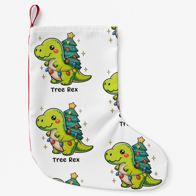Cute Tree Rex Christmas Dinosaur T Rex Xmas Lights Small Christmas Stocking (Front)