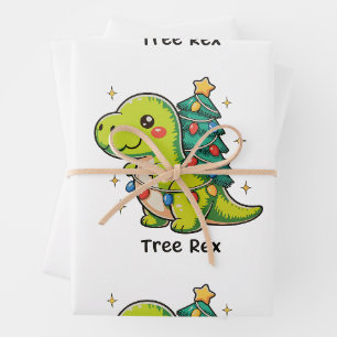 Cute Tree Rex Christmas Dinosaur T Rex Xmas Lights Wrapping Paper Sheet