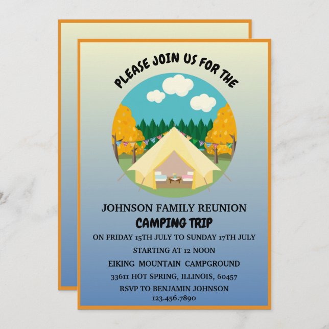 Cute  Tree & Tent Summer Camping Family Reunion Invitation (Front/Back)