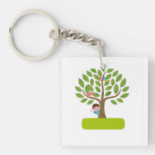 Cute Tree with Kids and Birds T-Shirt Design Key Ring