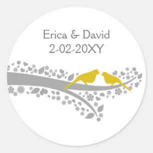 cute tree yellow lovebirds wedding favour stickers
