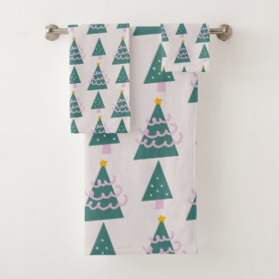 Cute Trees Doodles Pink Green               Bath Towel Set