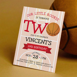 Cute Trendy Basketball Court & Ribbon 2nd Birthday Invitation