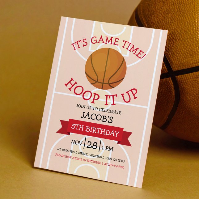 Cute Trendy Basketball Court & Ribbon Birthday Invitation (Creator Uploaded)