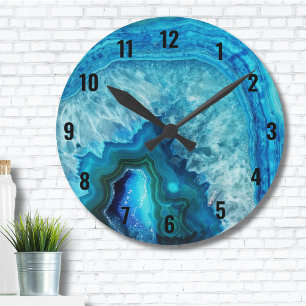 Cute Trendy Bright Blue Turquoise Crystal Geode Round Clock