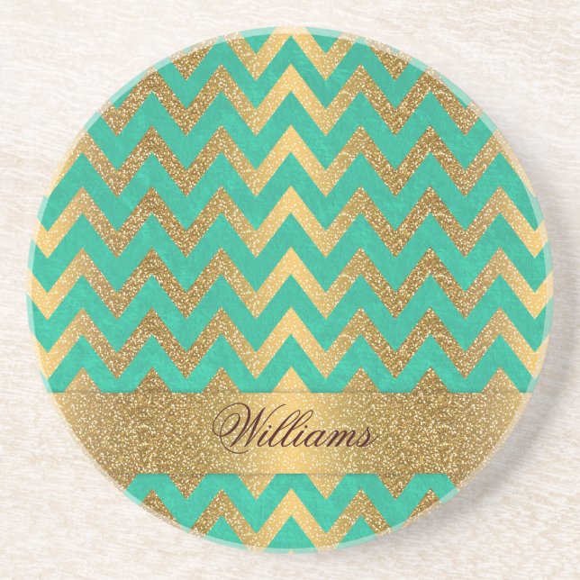 Cute trendy chevron zigzag faux gold glitter coaster (Front)