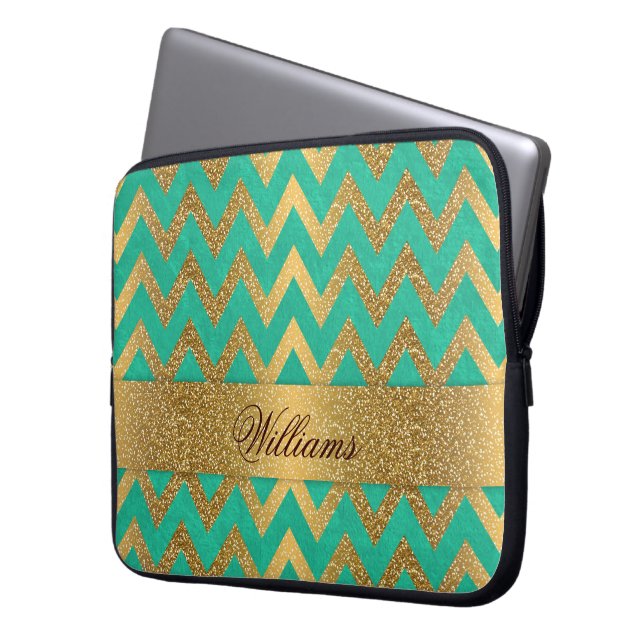 Cute trendy chevron zigzag faux gold glitter laptop sleeve (Front Left)