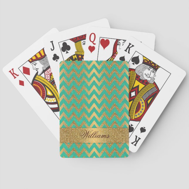 Cute trendy chevron zigzag faux gold glitter playing cards (Back)