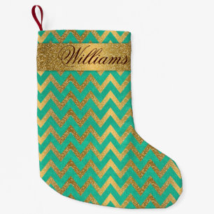 Cute trendy chevron zigzag faux gold glitter small christmas stocking