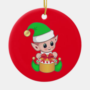 Cute trendy Christmas elf on red Ceramic Tree Decoration