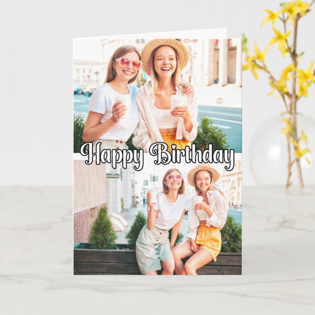 Cute Trendy Custom 2-photos Template Birthday Card (Yellow Flower)