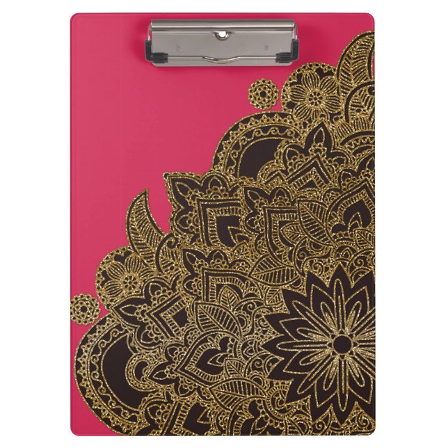 Cute trendy faux gold glitter flower henna clipboard (Front)