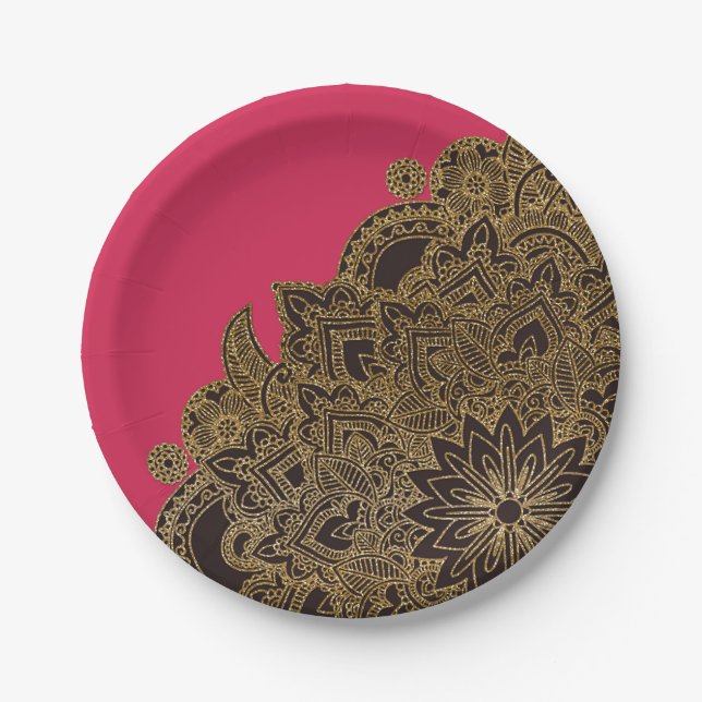 Cute trendy faux gold glitter flower henna paper plate (Front)