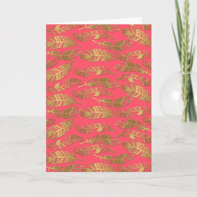 Cute trendy faux gold glitter tribal feathers card (Front)