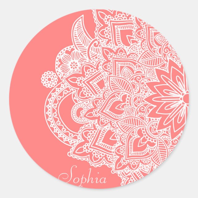Cute trendy flower henna hand drawn design classic round sticker (Front)