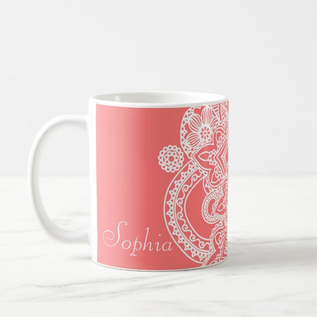 Cute trendy flower henna hand drawn design coffee mug (Left)