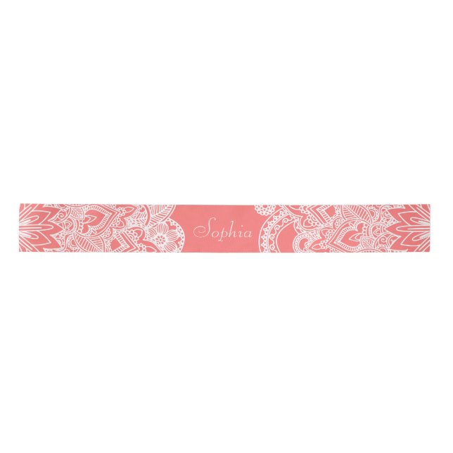 Cute trendy flower henna hand drawn design satin ribbon (Front)