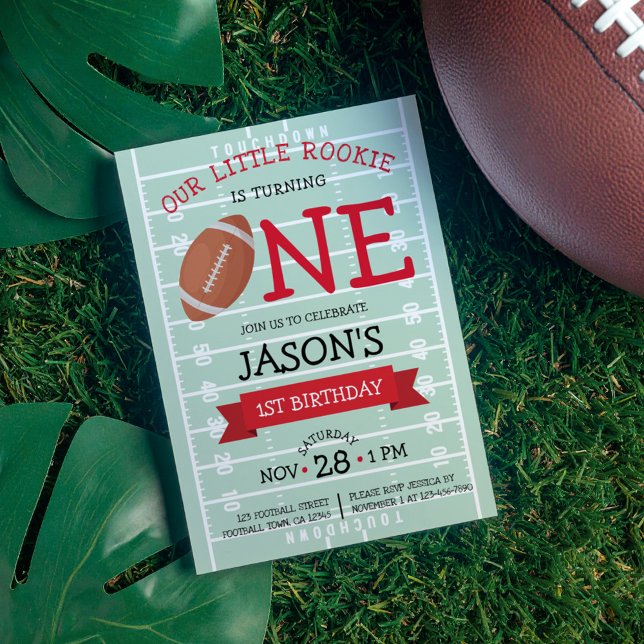 Cute Trendy Football Field & Ribbon 1st Birthday Invitation (Creator Uploaded)