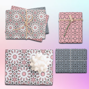 Cute Trendy Geometric Pink White and Grey Pattern Wrapping Paper Sheet