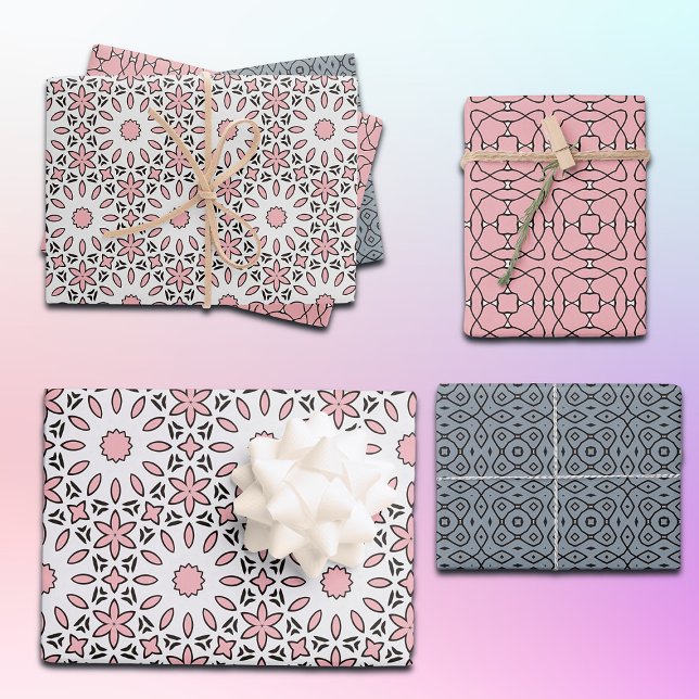 Cute Trendy Geometric Pink White and Grey Pattern Wrapping Paper Sheet (Creator Uploaded)
