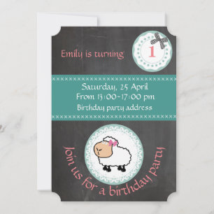 Cute trendy girly chalkboard sheep birthday invitation
