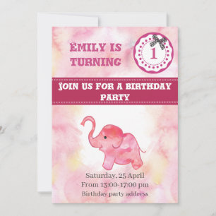 Cute trendy girly watercolor elephant birthday invitation