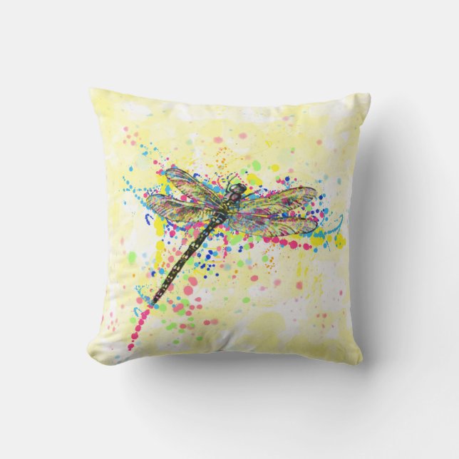 Cute trendy girly watercolor splatters dragonfly cushion (Front)