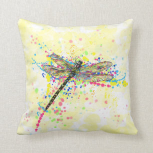 Cute trendy girly watercolor splatters dragonfly cushion