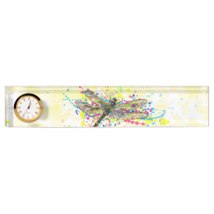 Cute trendy girly watercolor splatters dragonfly nameplate