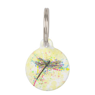 Cute trendy girly watercolor splatters dragonfly pet tag