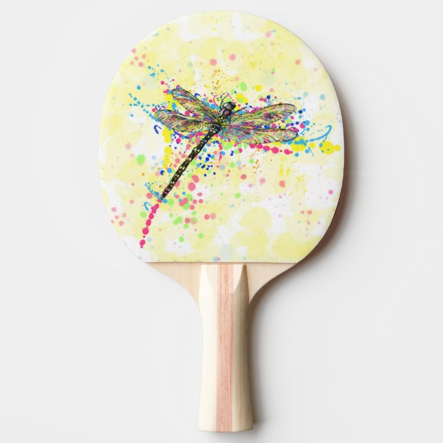 Cute trendy girly watercolor splatters dragonfly ping pong paddle (Front)