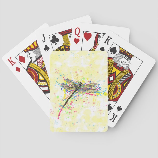 Cute trendy girly watercolor splatters dragonfly playing cards (Back)