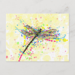 Cute trendy girly watercolor splatters dragonfly postcard