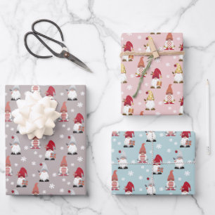 Cute Trendy Gnomes Grey Pink Red White Blue Wrapping Paper Sheet