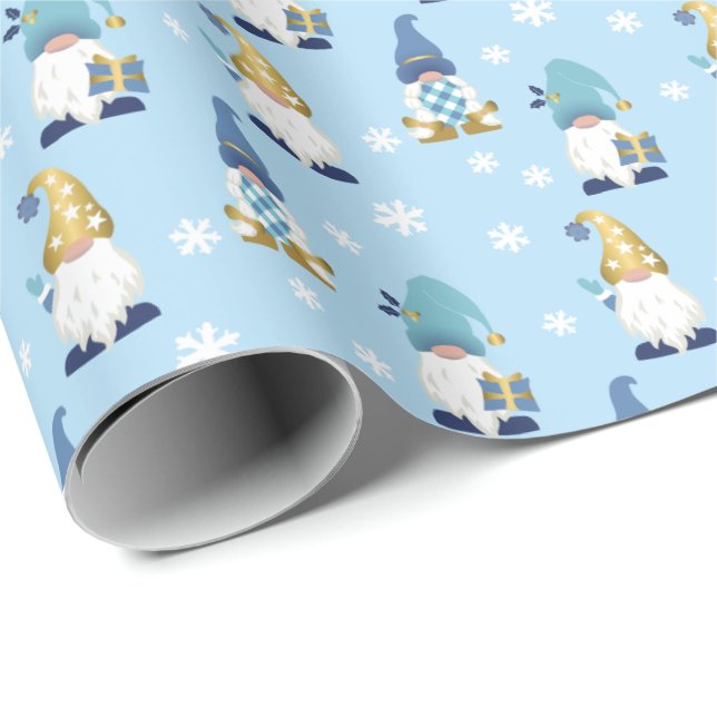 Cute Trendy Gnomes Winter Gold Blue  Wrapping Paper (Roll Corner)