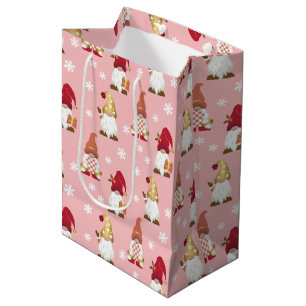 Cute Trendy Gnomes Winter Gold Pink Red Medium Gift Bag