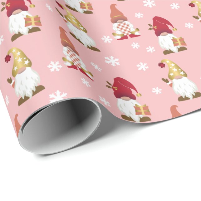 Cute Trendy Gnomes Winter Pink Red Rose Gold Wrapping Paper (Roll Corner)