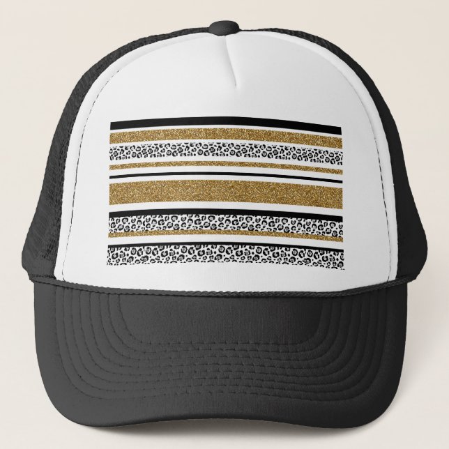 Cute trendy  gold faux glitter leopard stripes trucker hat (Front)