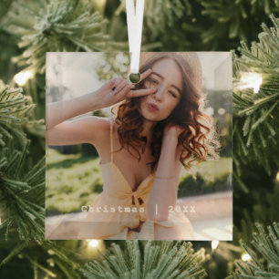 Cute Trendy Holiday Photo Typewriter Keepsake Glass Tree Decoration