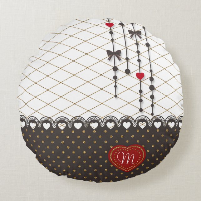 Cute trendy lace faux gold glitter strokes pattern round cushion (Front)