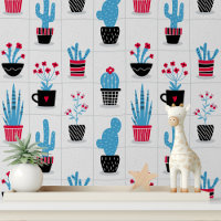 Cute Trendy Modern Cactus Red Blue Flower Pattern