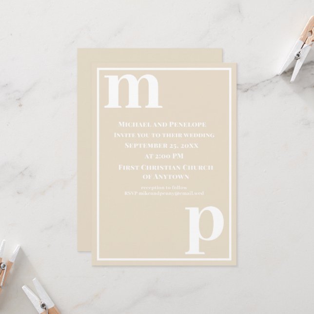 Cute Trendy Monogram Champagne Beige Wedding  Invitation (Front/Back In Situ)