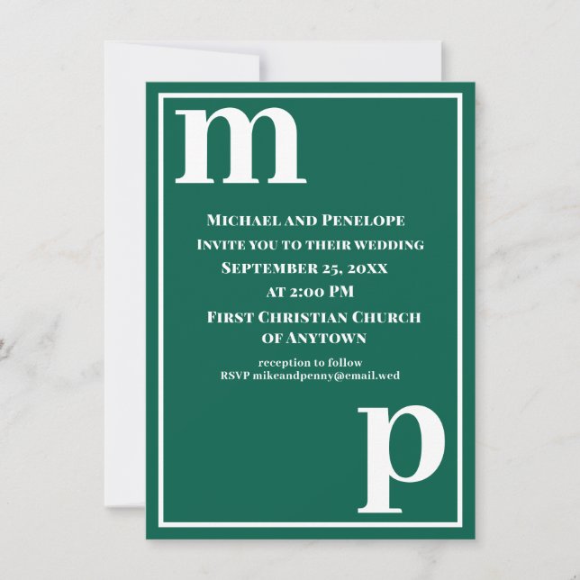 Cute Trendy Monogram Emerald Green Wedding Invitation (Front)