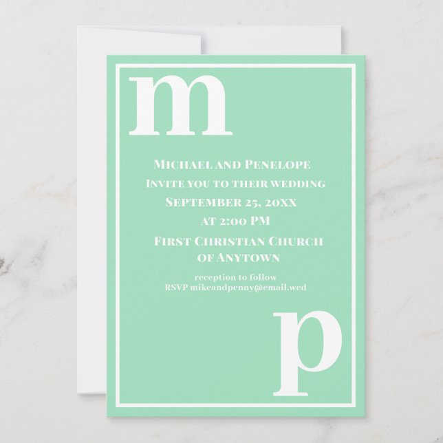 Cute Trendy Monogram Sea Foam Green Wedding  Invitation (Front)