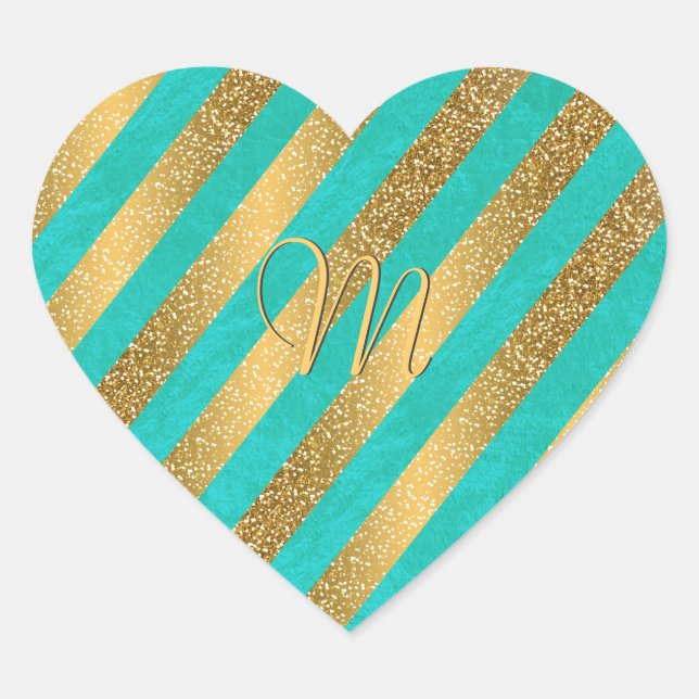 Cute trendy monogram stripes faux gold glitter heart sticker (Front)