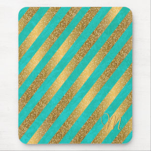 Cute trendy monogram stripes faux gold glitter mouse mat