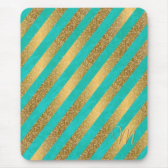 Cute trendy monogram stripes faux gold glitter mouse mat (Front)